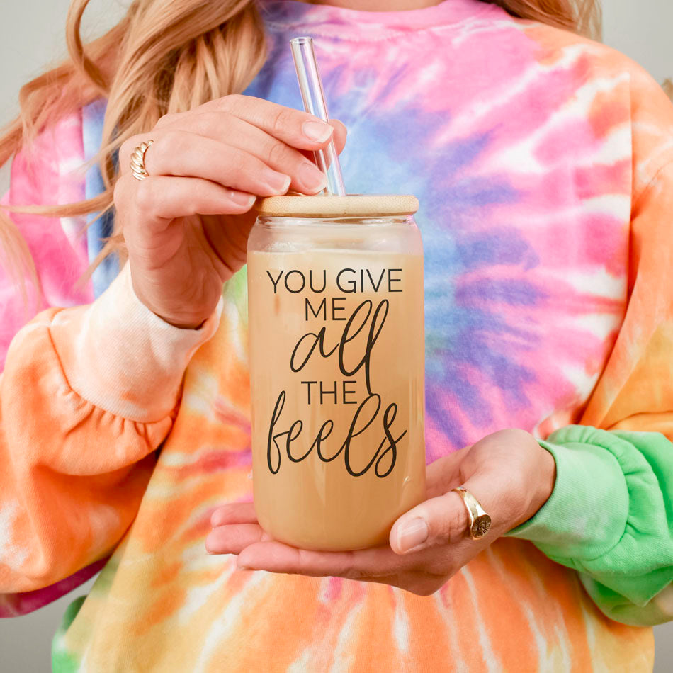 Cute Galentineās Day gift, 20oz glass cup with bamboo lid, You Give Me All the Feels.
You Give Me All the Feels glass cup, bamboo lid, 20oz for Valentineās gift.
Funny You Give Me All the Feels glass cup, bamboo lid for V-Day.
